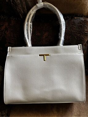 Tahari White Pebbled Tote with Gold T Accent New